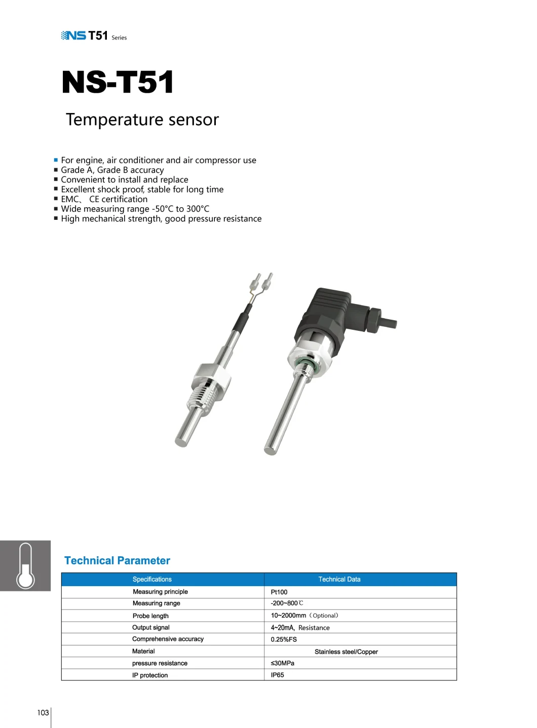 Screw-in Rtd PT100 Temperature Probe with Connecting Cable 2-Wire